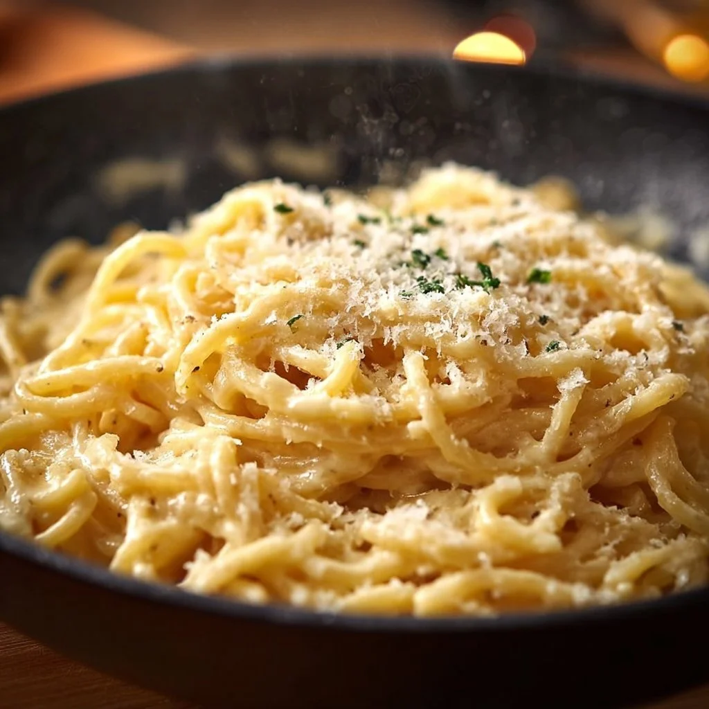 A delicious plate of one-pan butter parmesan pasta garnished with herbs.
