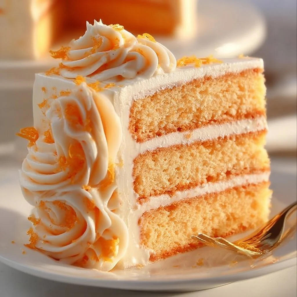 Delicious slice of Orange Creamsicle Cake topped with orange icing and cream.