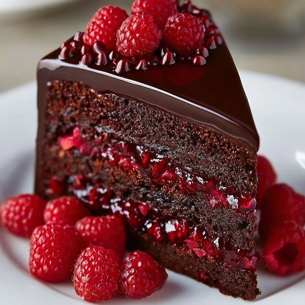 Perfect chocolate raspberry truffle cake topped with fresh raspberries