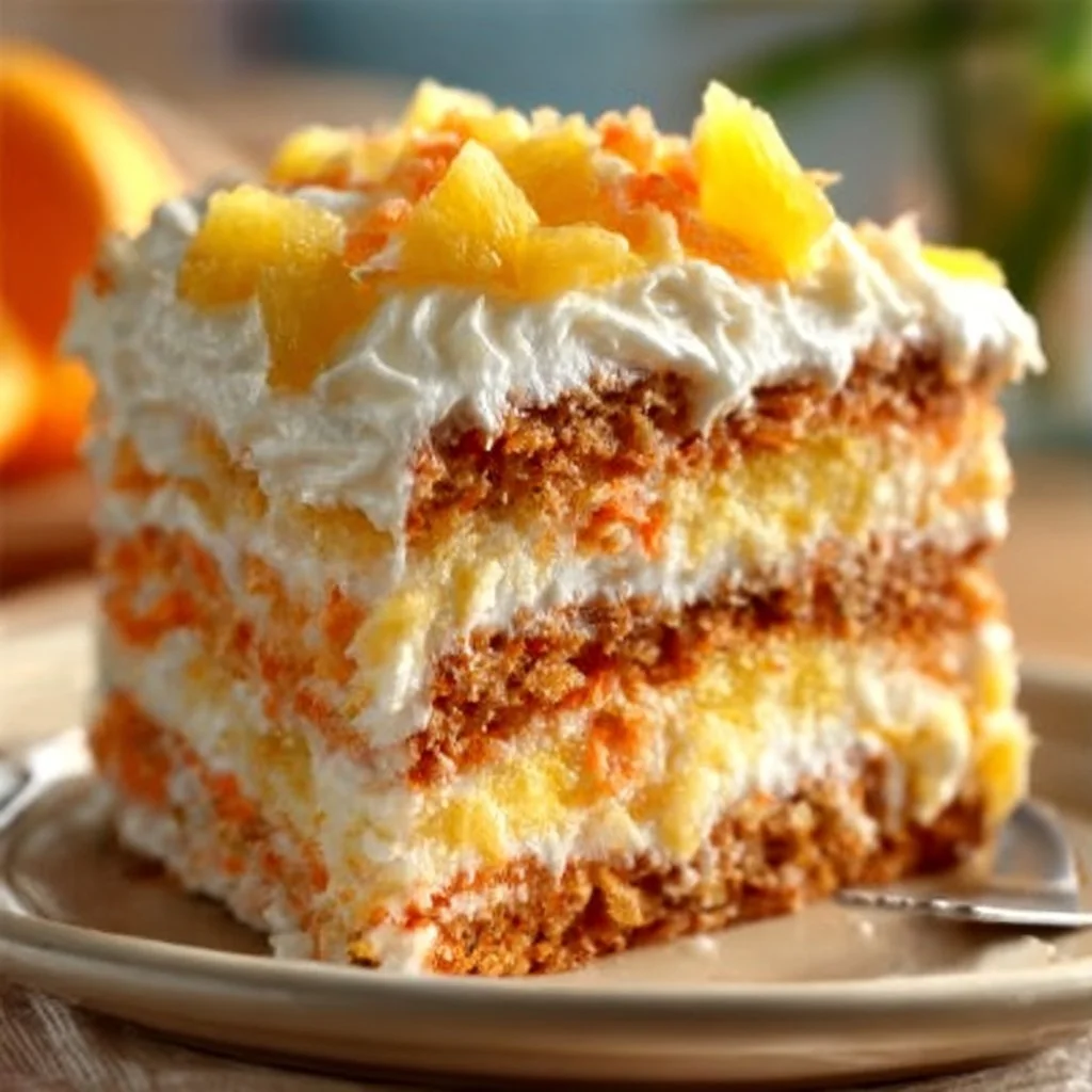 Delicious Pineapple Carrot Cream Cake topped with cream cheese frosting