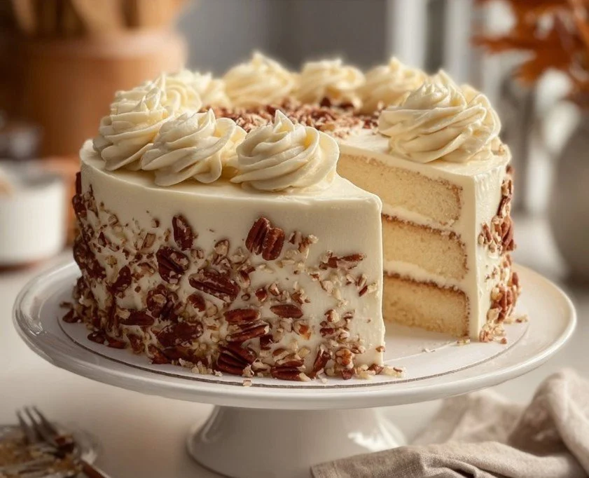 Delicious quick Italian Cream Cake with cream cheese frosting and nuts.