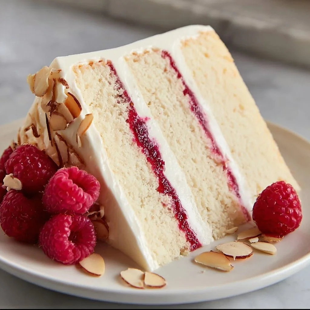 Delicious Raspberry Almond Cake topped with fresh raspberries and sliced almonds.