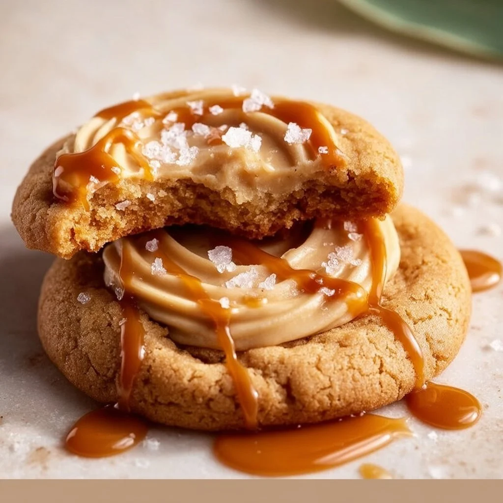 Salted caramel cheesecake cookies with a creamy filling and caramel drizzle