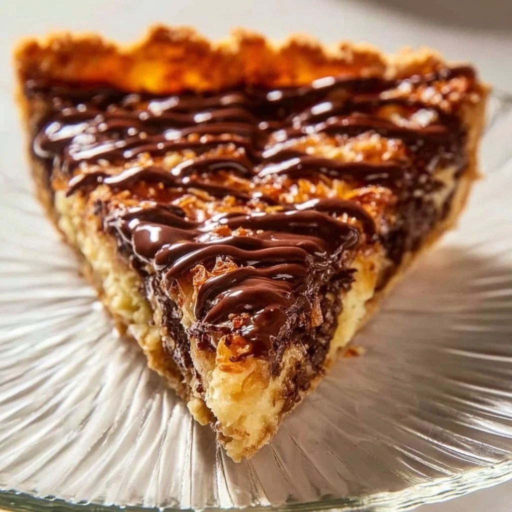 Samoas Cookie Pie with chocolate drizzle and coconut topping