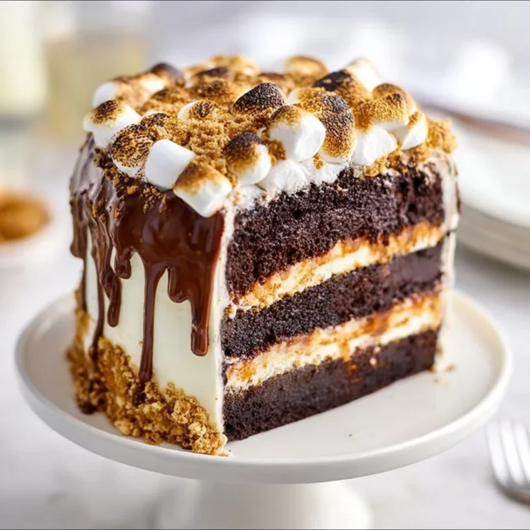 S'mores Chocolate Cake layered with chocolate, marshmallows, and graham crackers