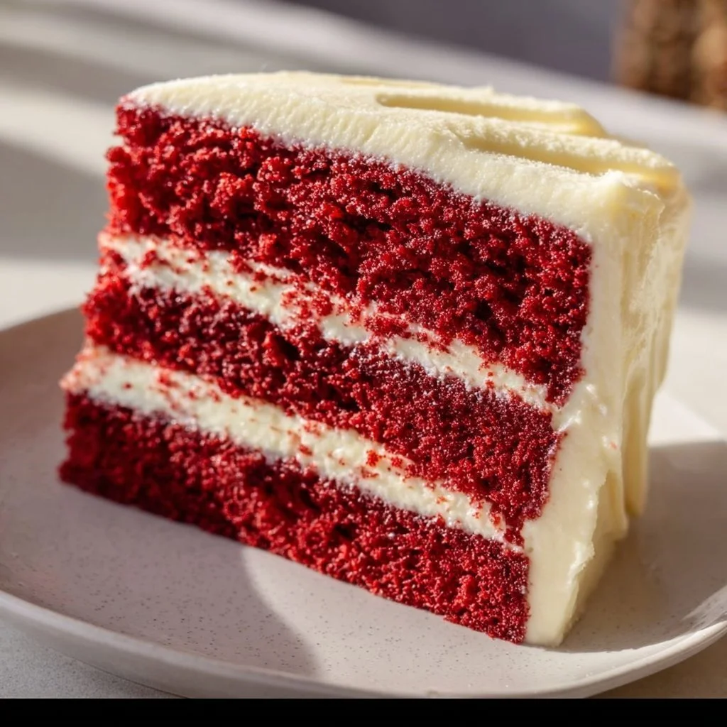 Slice of Southern red velvet cake with classic cream cheese frosting on a plate