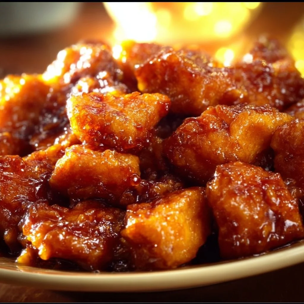 Delicious sticky honey chicken served on a plate with garnishes