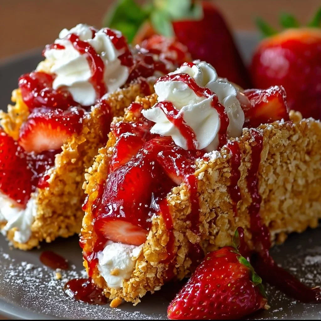 Strawberry Crunch Cheesecake Tacos served on a plate with fresh strawberries