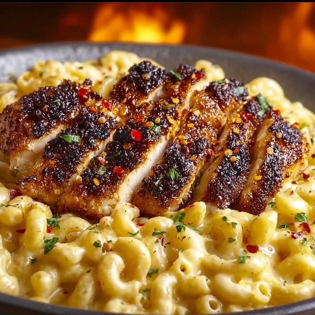 Delicious Honey Pepper Chicken served with creamy mac and cheese for a perfect meal.