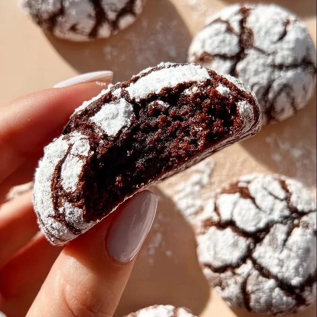 Delicious Chocolate Crinkle Cookies on a baking tray, showcasing their crackly tops