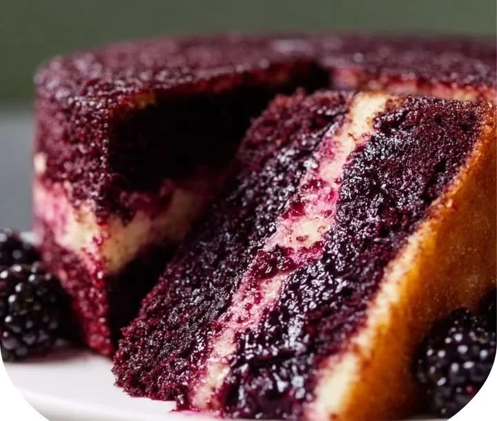 Slice of dreamy blackberry velvet cake with rich frosting