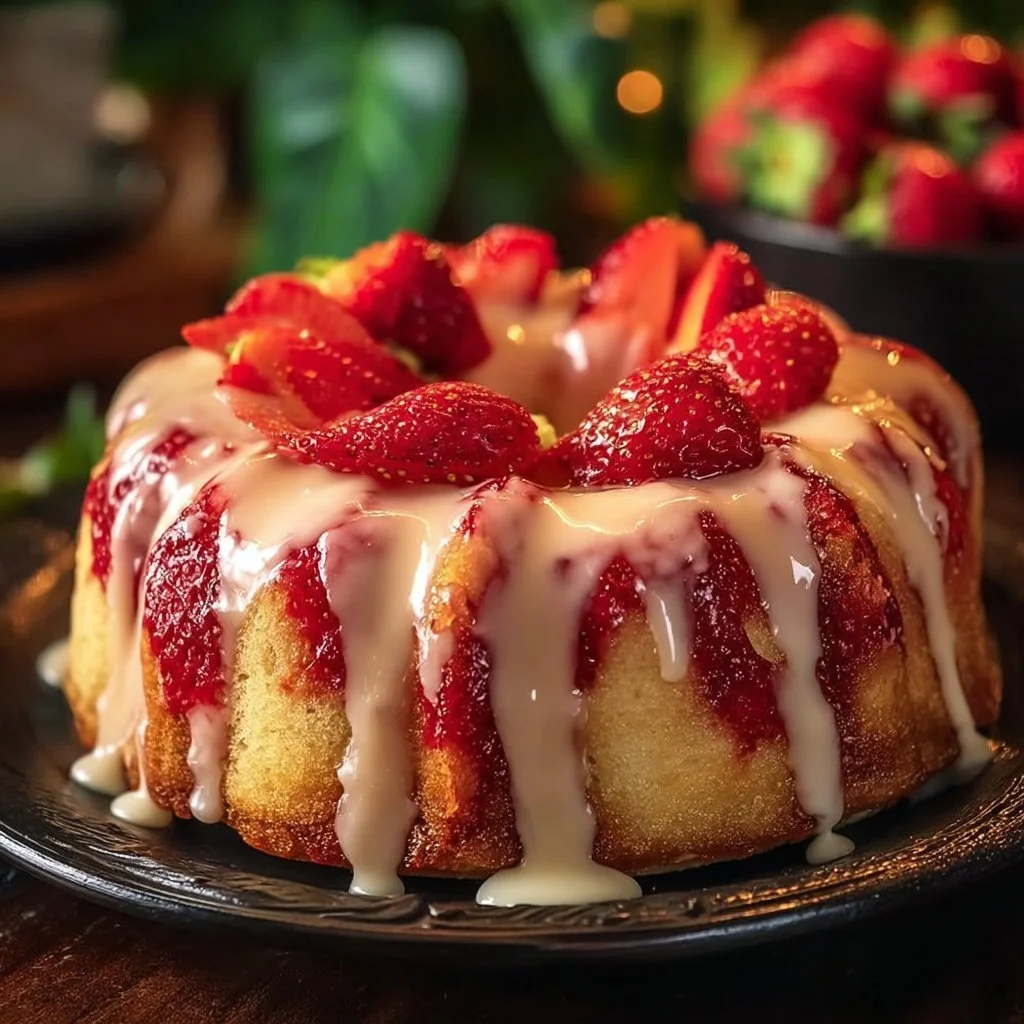 Slice of strawberry cream cheese pound cake on a white plate with fresh strawberries