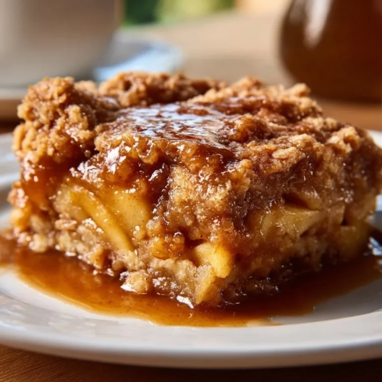 4-Ingredient caramel apple dump cake topped with caramel drizzle and apples