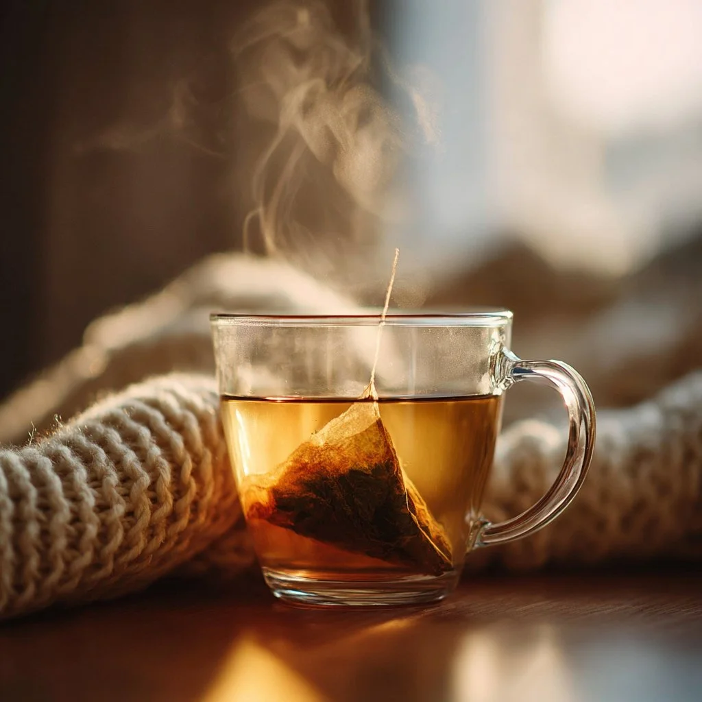 Warm gelatin drink with colorful gelatin cubes in a cozy setting.