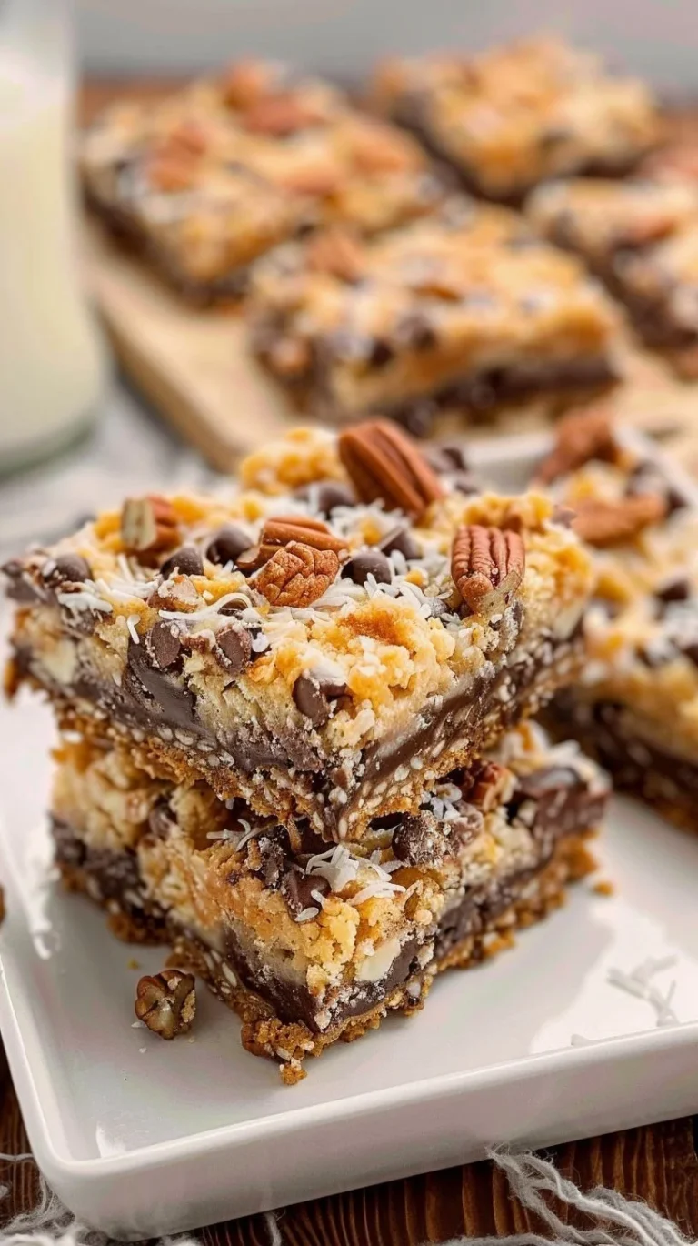 Decadent 7 layer bars topped with chocolate and coconut on a wooden table.