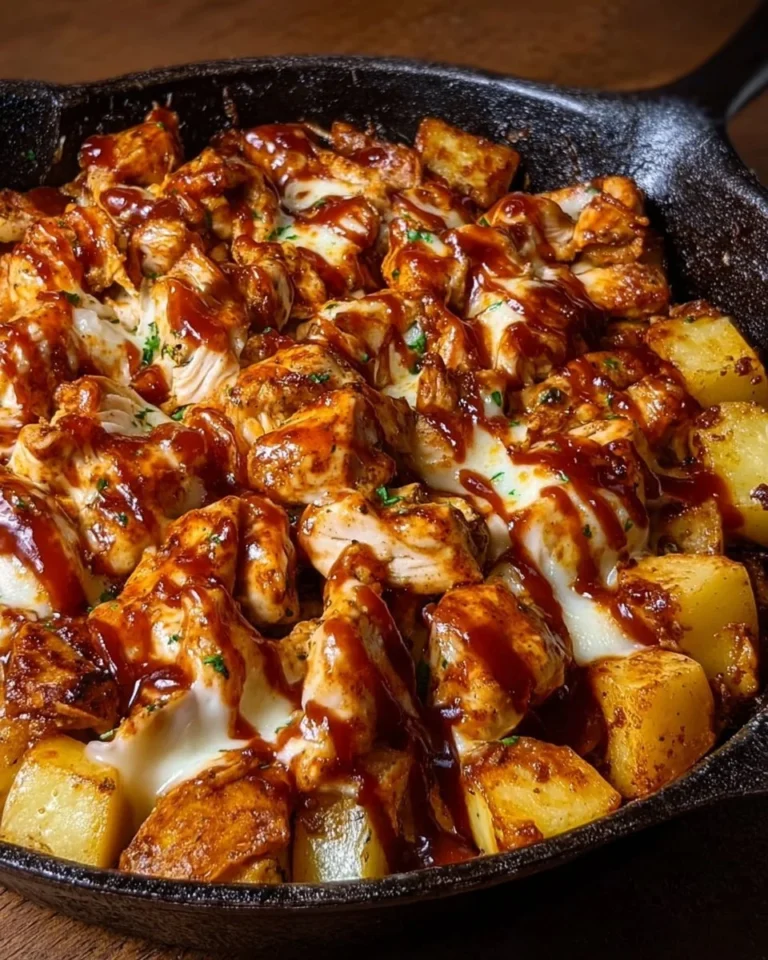 BBQ Chicken and Potato Skillet served in a cast iron pan with fresh herbs