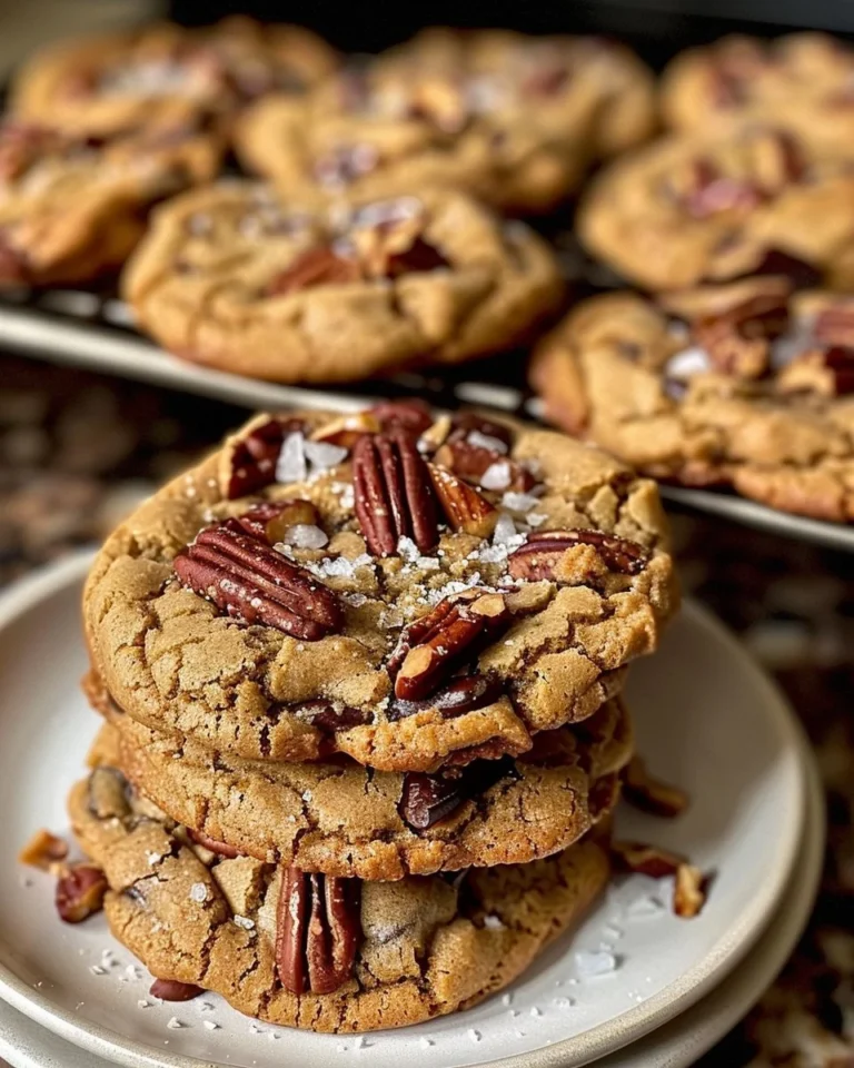 Brown butter bourbon pecan chocolate chunk cookies on a baking sheet