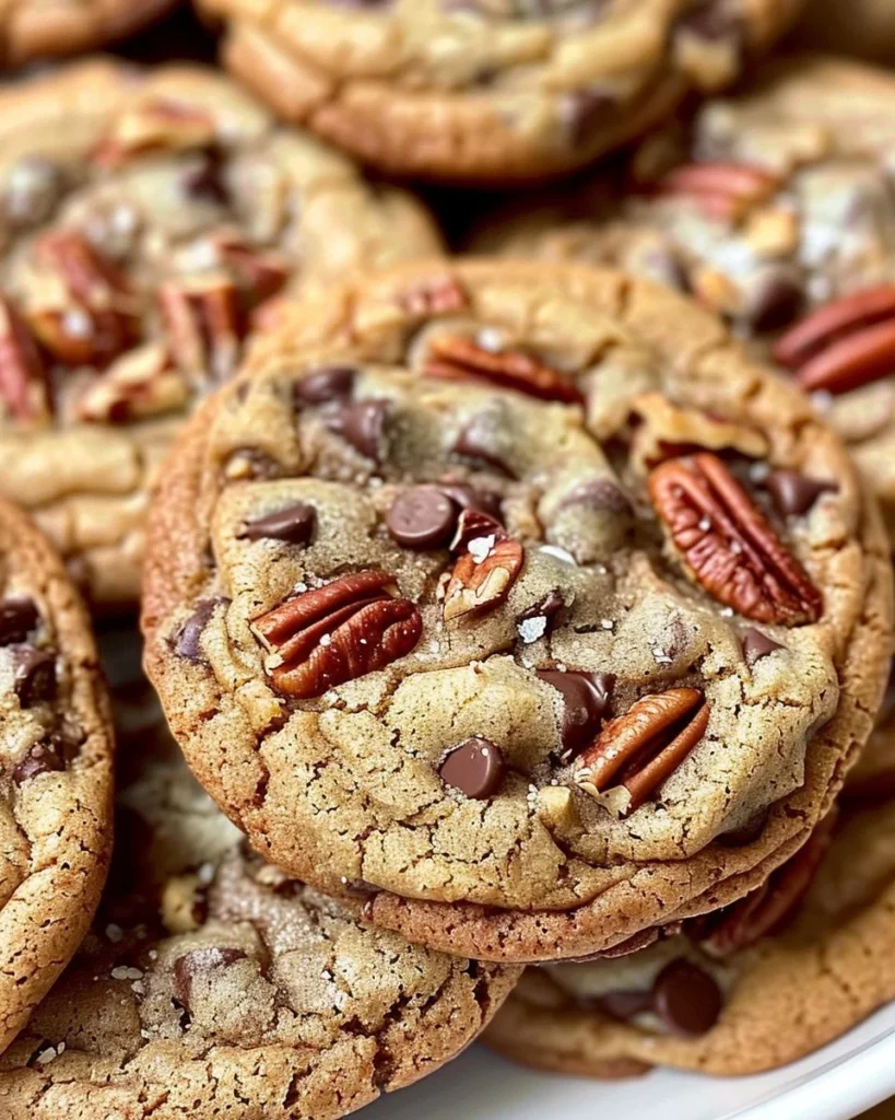 Delicious browned butter pecan chocolate chip cookies on a baking tray