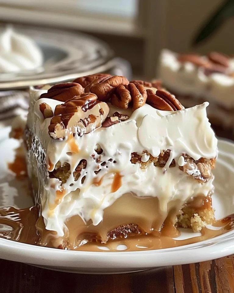 Delicious Butter Pecan Poke Cake with creamy topping and pecan garnish