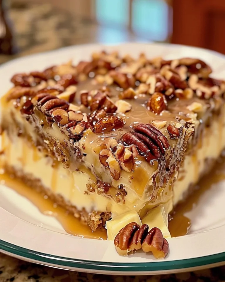 Delicious Butter Pecan Praline Poke Cake with pecan topping and creamy layers
