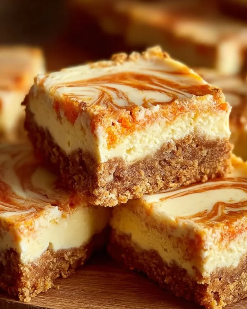 Delicious carrot cake bars topped with a creamy cheesecake swirl