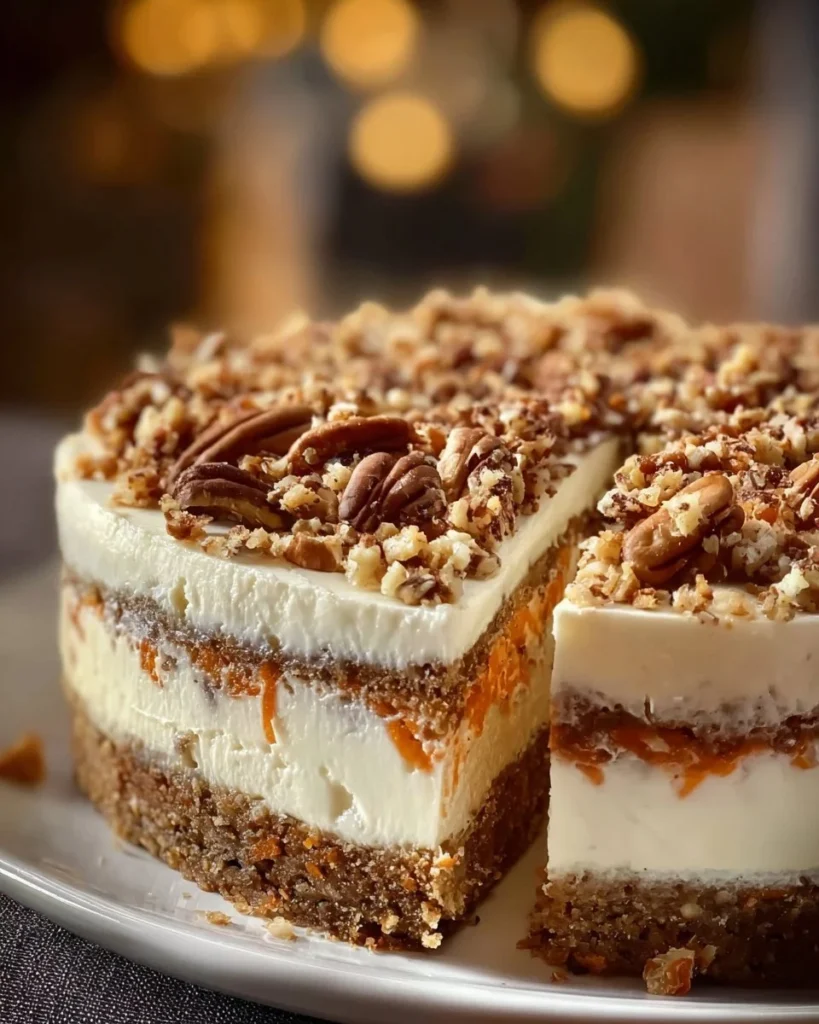 Delicious carrot cake cheesecake topped with cream cheese frosting and spices