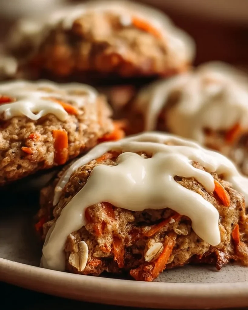 Carrot oatmeal cookies topped with creamy frosting on a plate