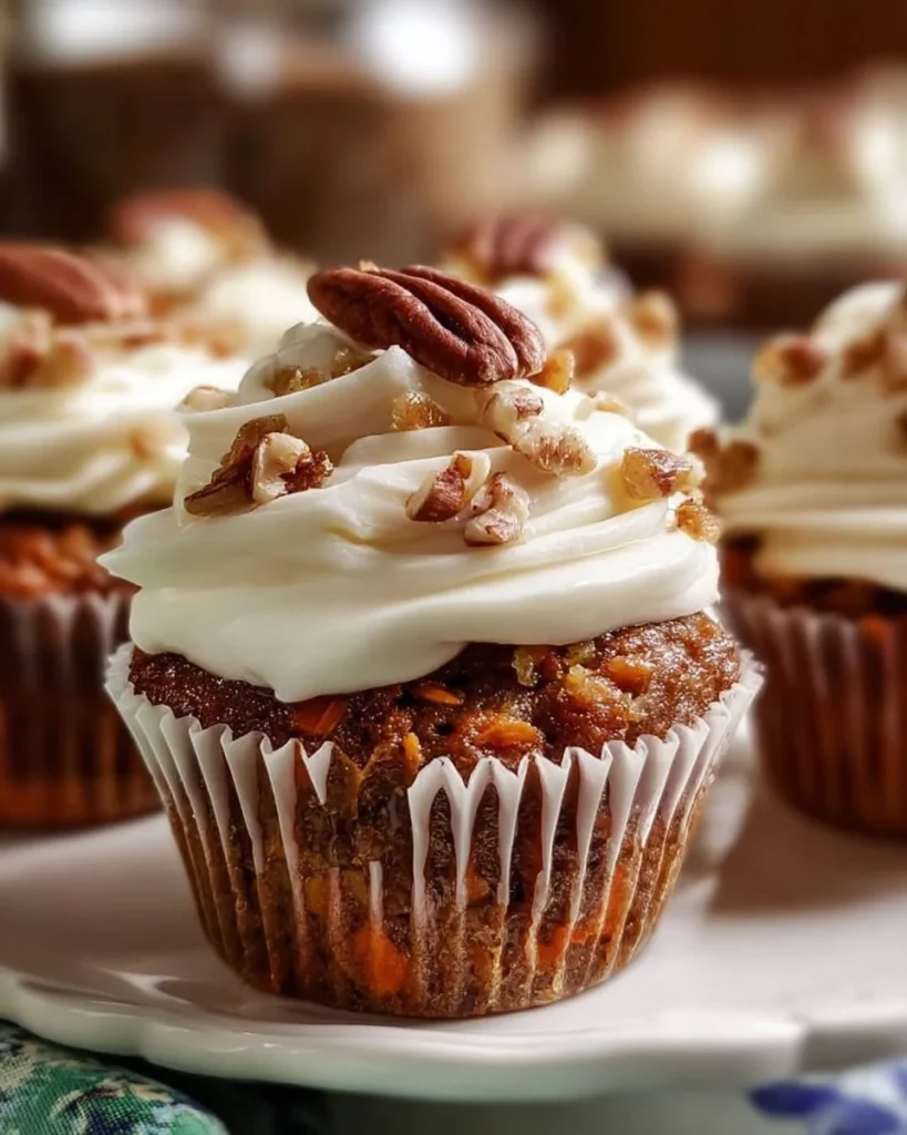 Delicious carrot pineapple cupcakes with cream cheese frosting on a plate