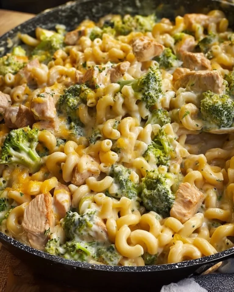 Delicious Cheesy Chicken Broccoli Mac in a creamy sauce with chicken and broccoli