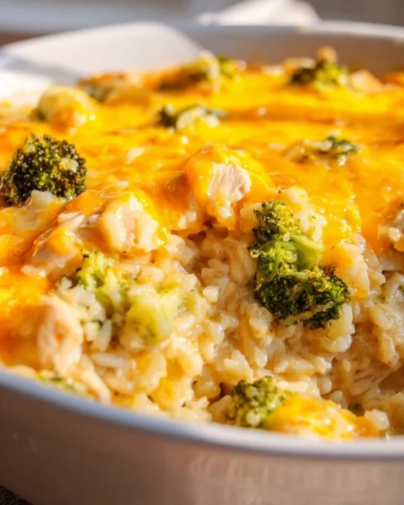 Cheesy Chicken Broccoli Rice Casserole served in a baking dish with vibrant colors.