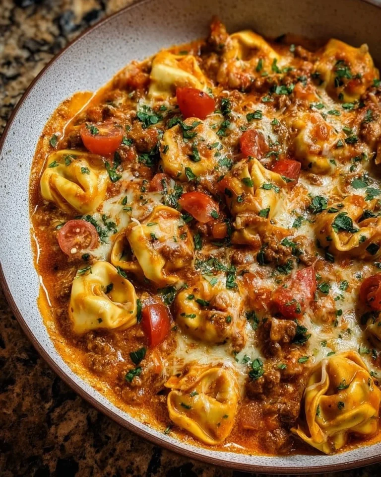 Cheesy enchilada beef tortellini skillet in a rustic pan