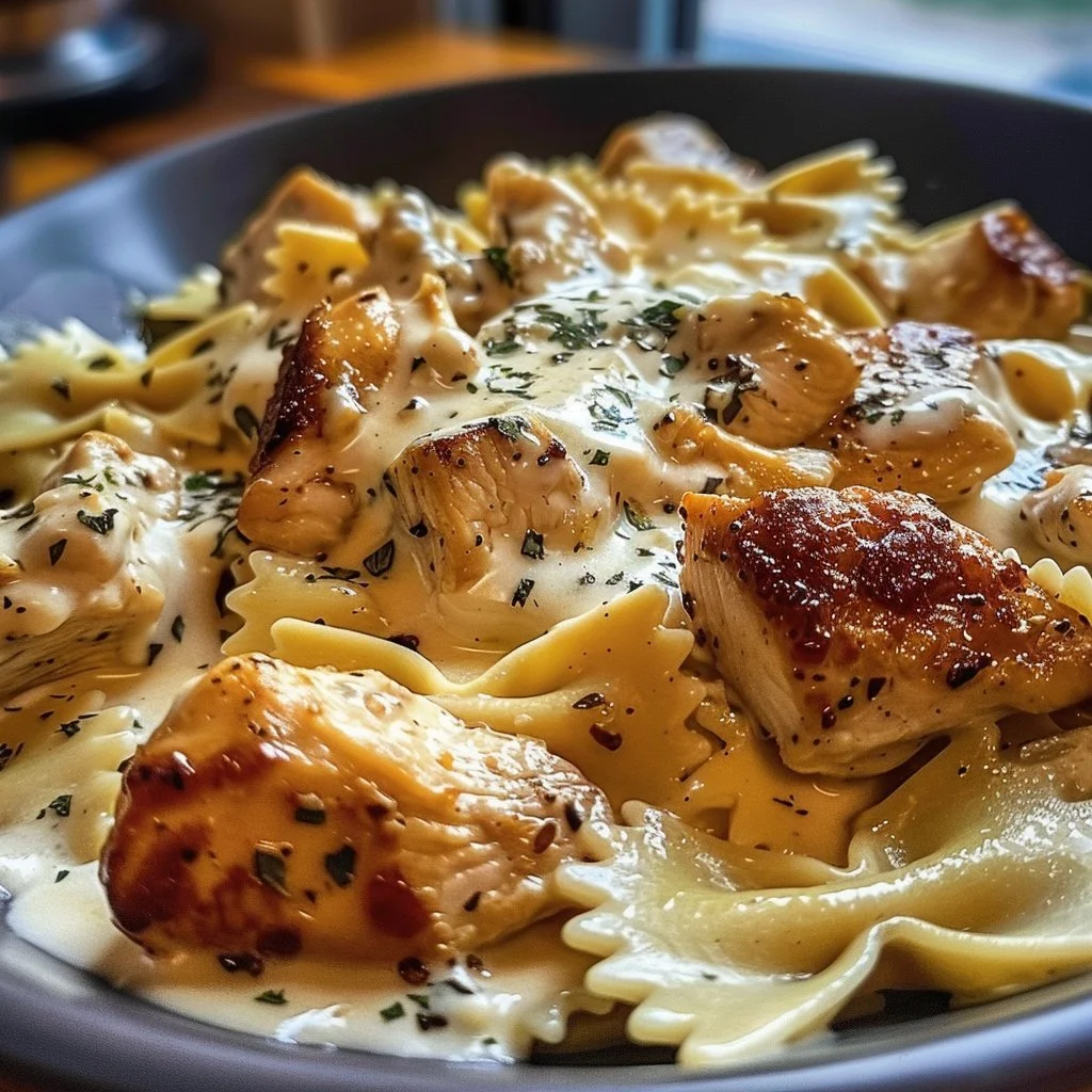 Cheesy garlic butter chicken bowtie with mozzarella cream sauce served in a bowl