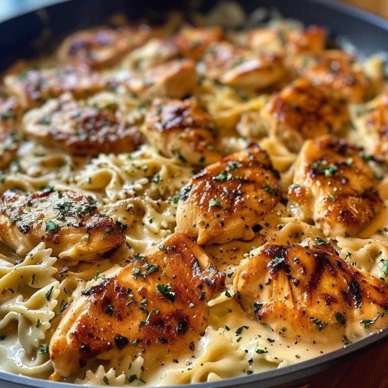 Plate of Cheesy Garlic Butter Chicken Bowties garnished with fresh herbs