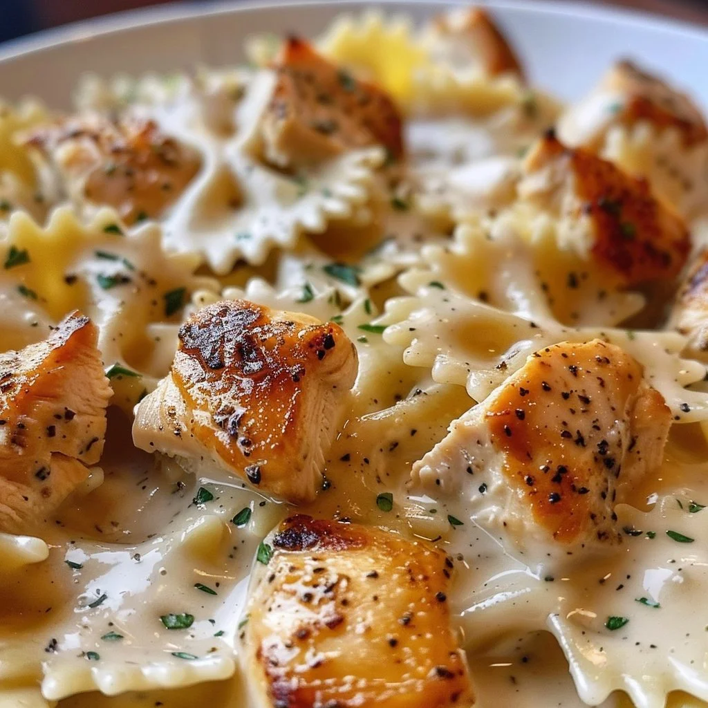 Cheesy Garlic Butter Chicken Bowties plated with garlic butter sauce and herbs