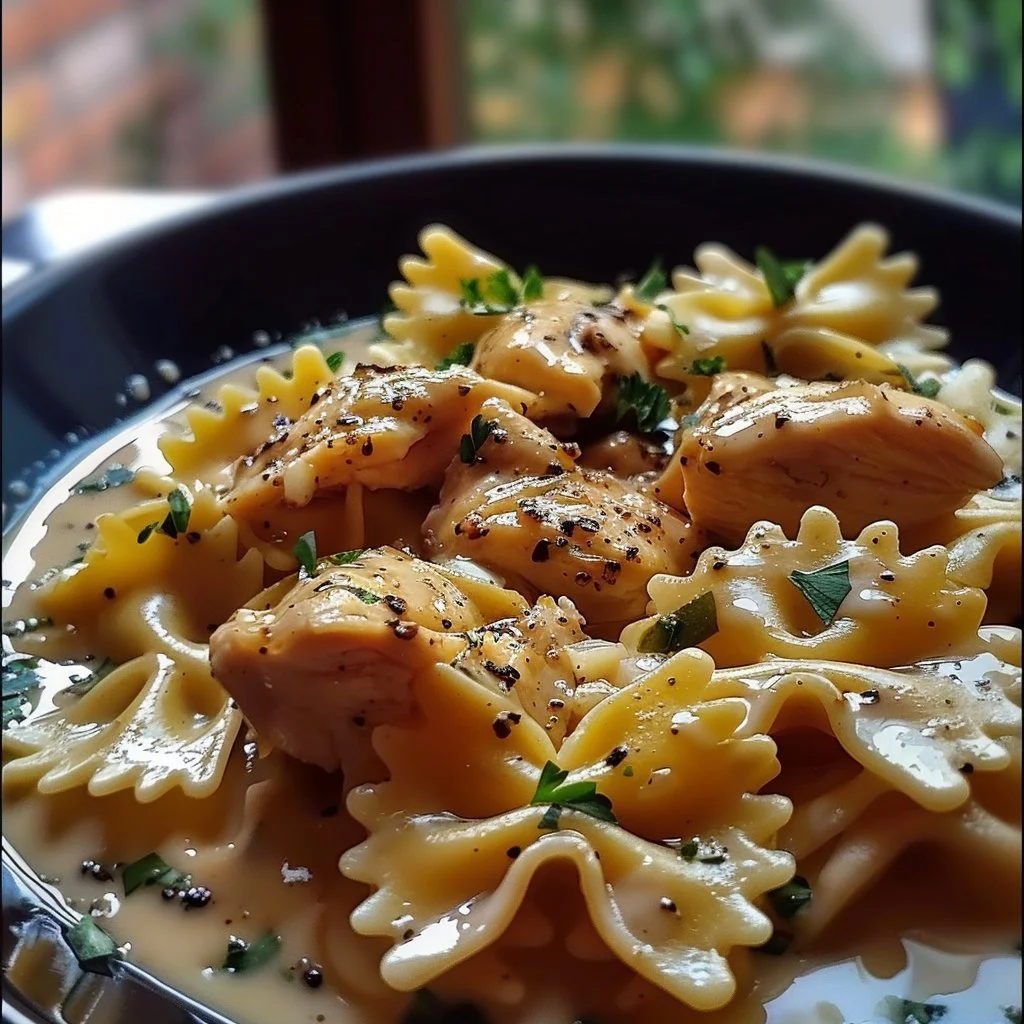 Cheesy Garlic Butter Chicken Bowties served in a bowl with herbs and spices