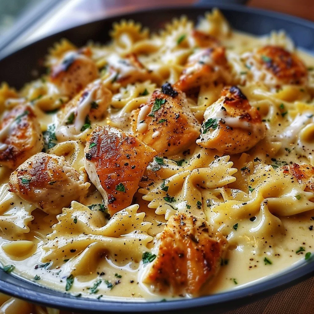 Cheesy Garlic Butter Chicken with Bowties and Mozzarella Cream Sauce