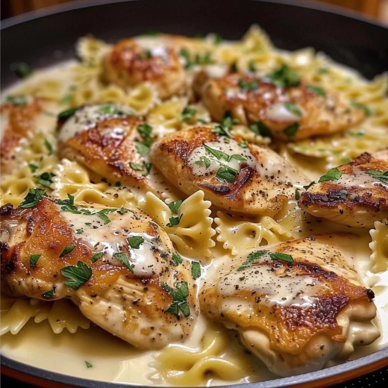 Cheesy Garlic Butter Chicken served with bowtie pasta in creamy sauce