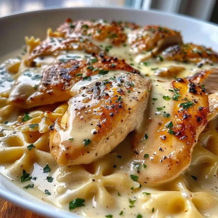 Delicious Cheesy Garlic Butter Chicken served with Bowtie Pasta in creamy sauce