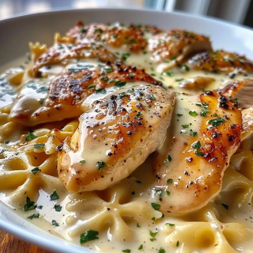 Delicious Cheesy Garlic Butter Chicken served with Bowtie Pasta in creamy sauce