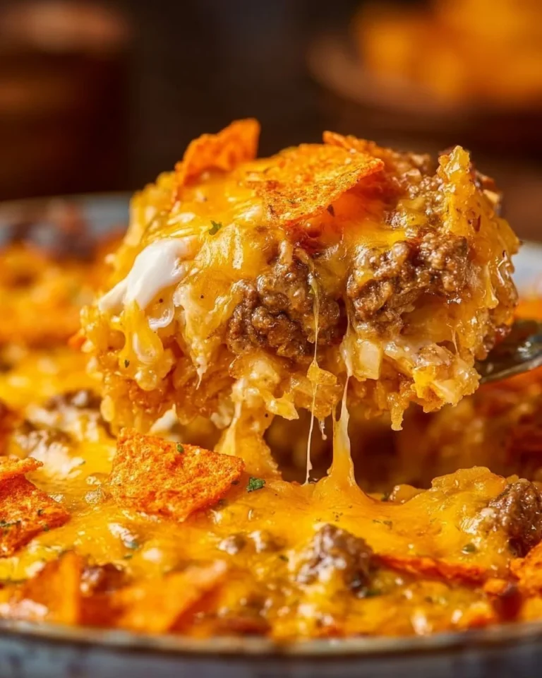 Cheesy hashbrown Dorito casserole served in a baking dish with a crispy topping