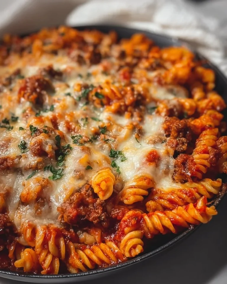 Cheesy Pizza Pasta Bake garnished with herbs in a baking dish