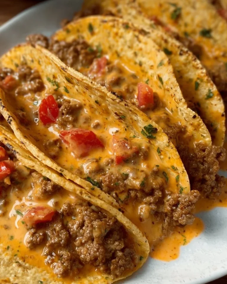 Cheesy Rotel beef tacos served with fresh toppings on a plate