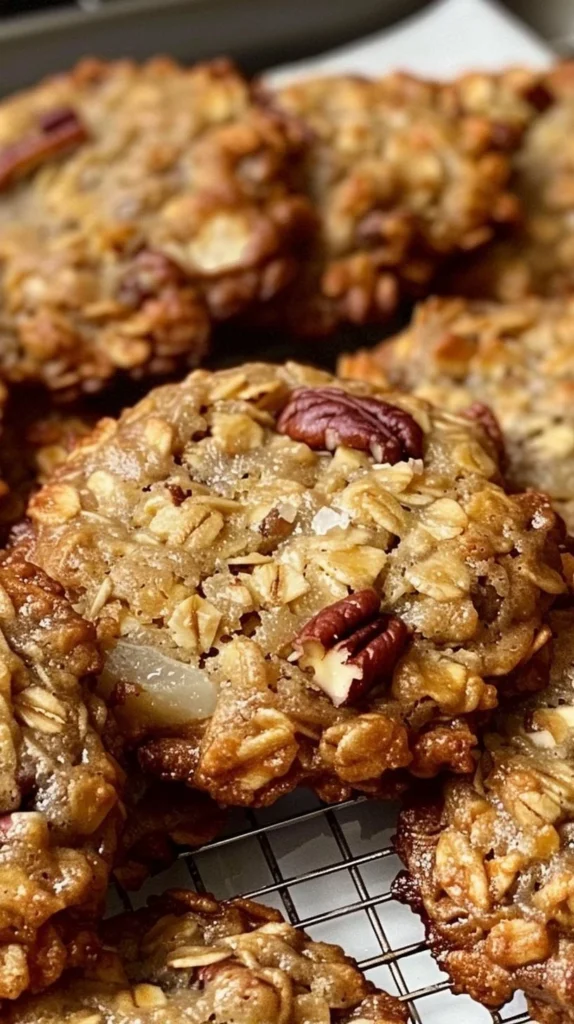 Chewy pecan oatmeal cookies with crispy edges on a baking sheet.