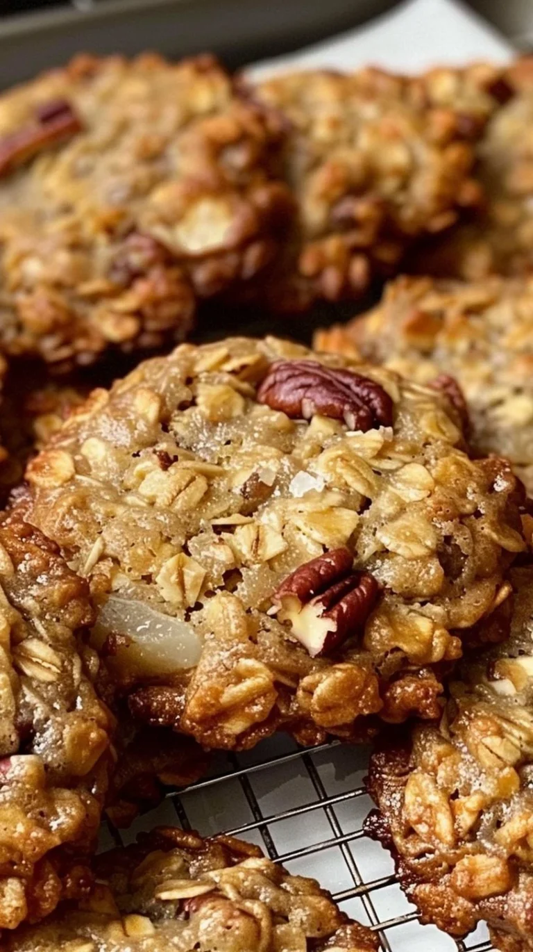 Chewy pecan oatmeal cookies with crispy edges on a baking sheet.