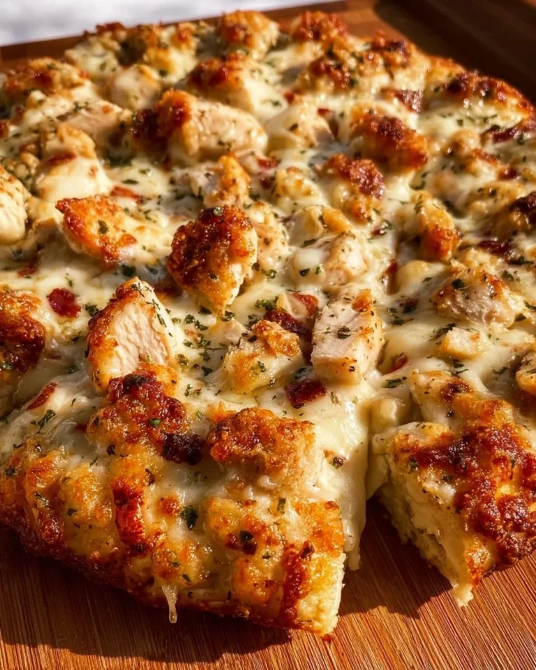 Chicken Alfredo Pizza served on Cheddar Bay Biscuits with creamy sauce and toppings.