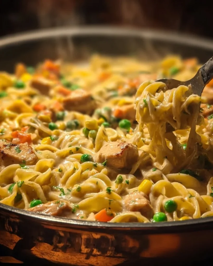 Creamy Chicken Pot Pie Pasta served in a bowl, garnished with herbs.