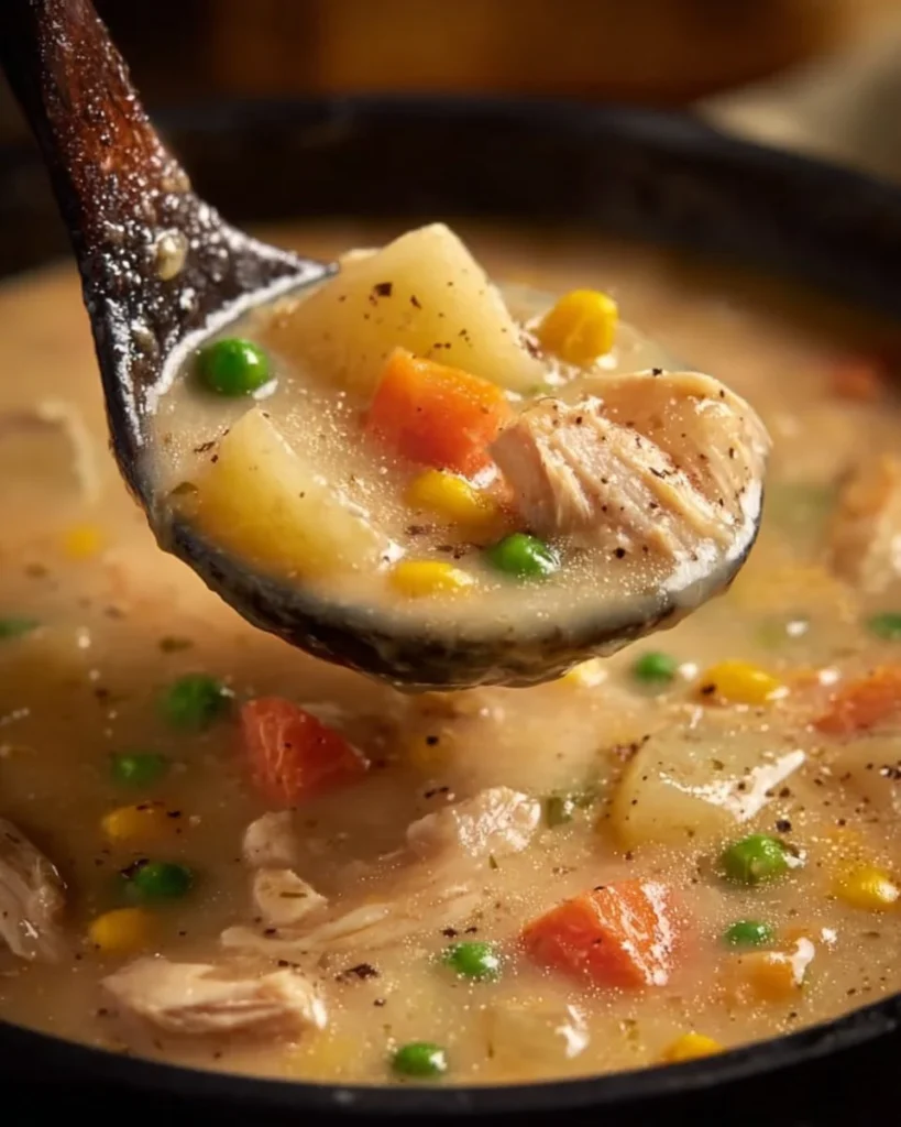 Delicious Chicken Pot Pie Soup served in a bowl with fresh herbs.