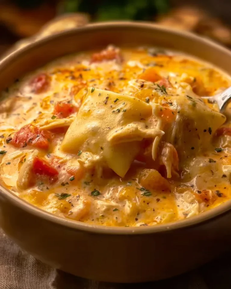 Bowl of Chicken Ranch Lasagna Soup topped with herbs and cheese