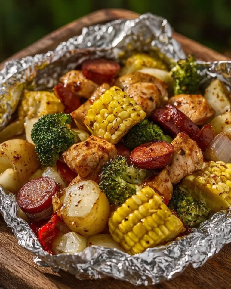 Delicious chicken, sausage, potatoes, broccoli, and corn foil packets ready to cook.