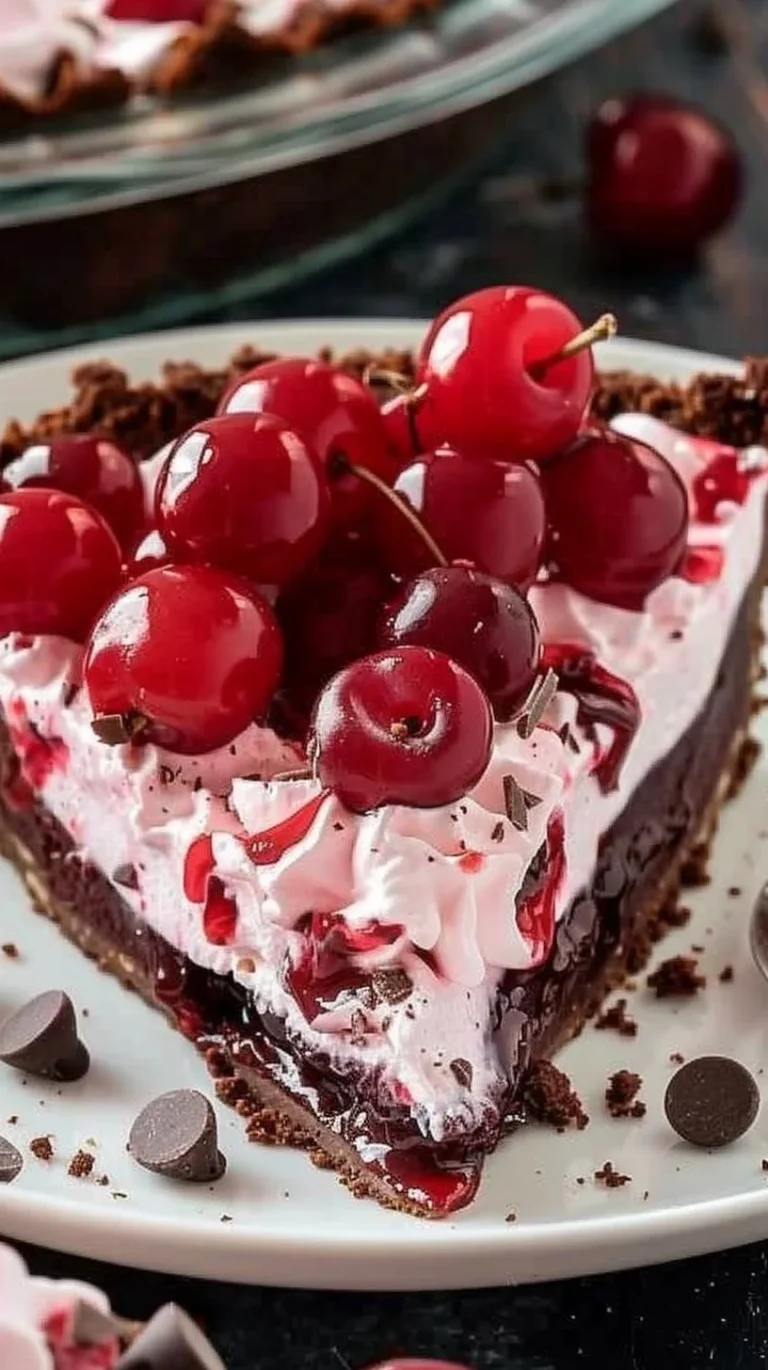 No bake chocolate cherry pie with a rich chocolate crust and cherry filling